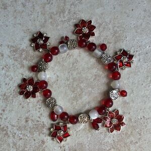 Red White and Silver Beaded Flower Charm Winter Christmas Bacelet